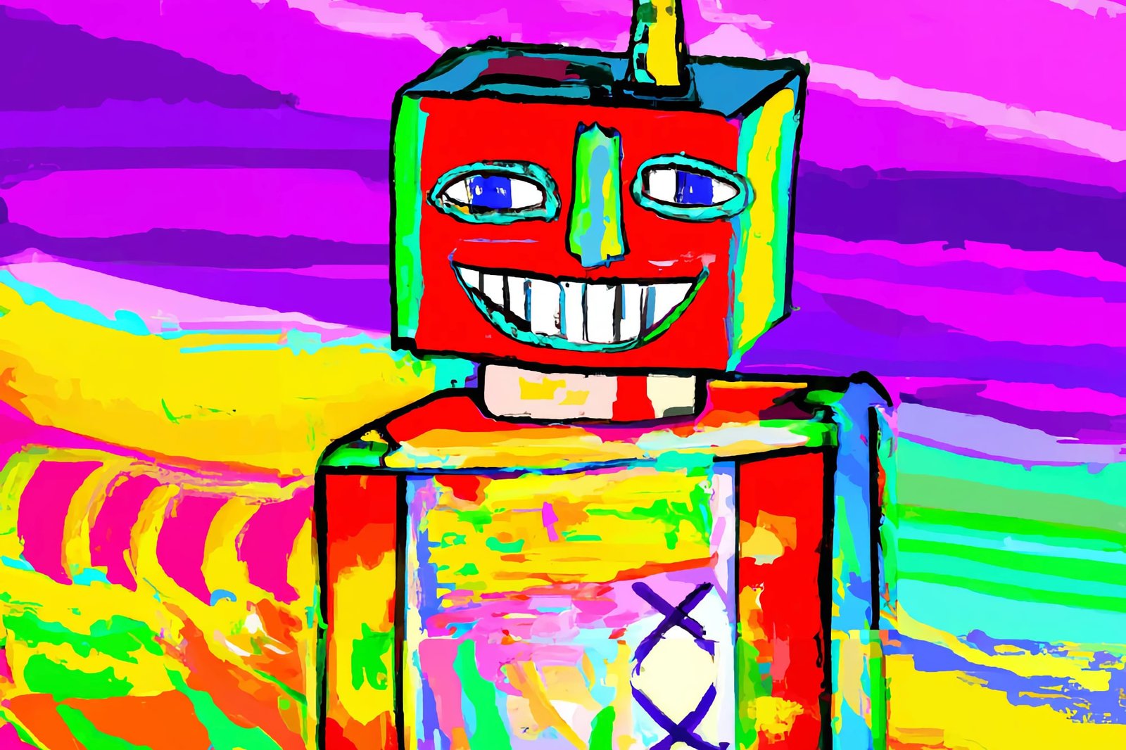 Uma pintura colorida de um robô sorridente, gerada por Dall-E.