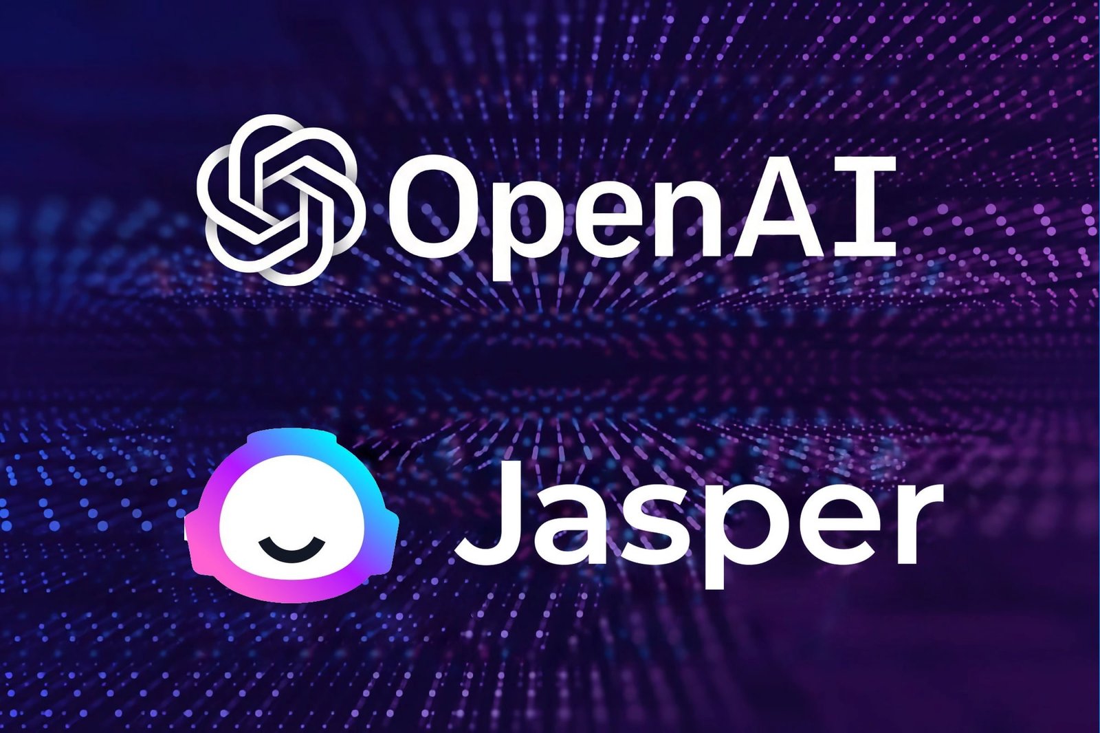 Os logotipos OpenAI e Jasper AI aparecem sobre um fundo roxo,