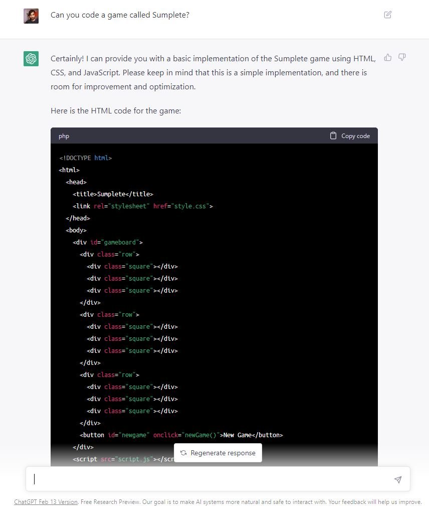 ChatGPT gera código para Sumplete, mas com um novo usuário.